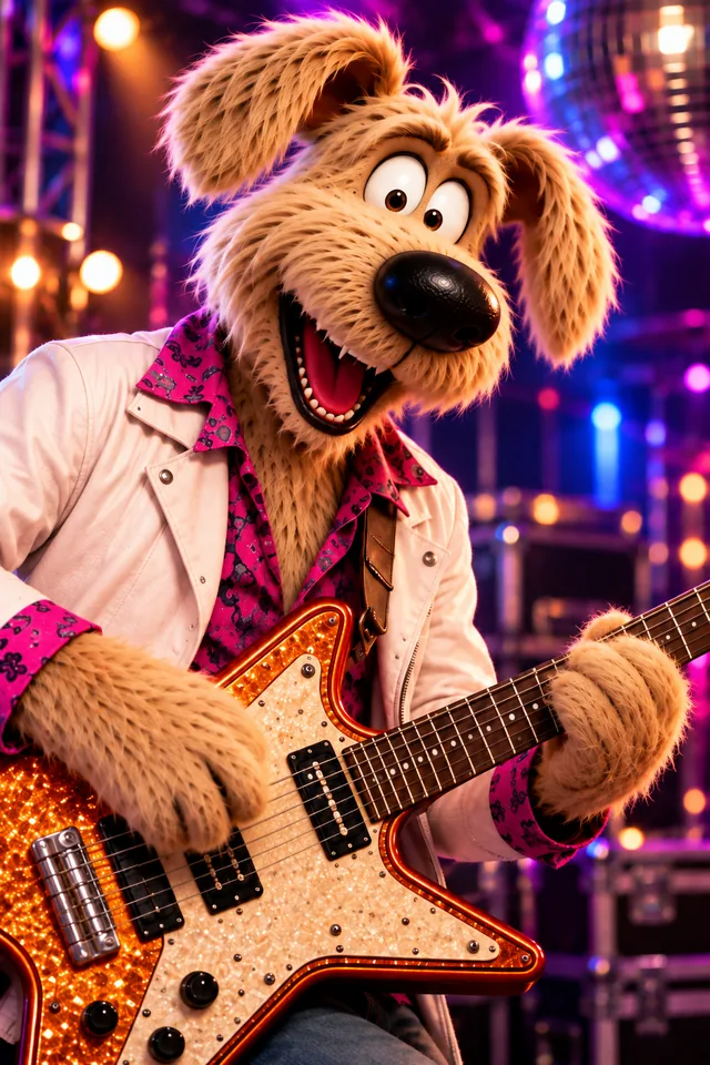 Charlie, a shaggy tan dog, playing a glittering orange electric guitar