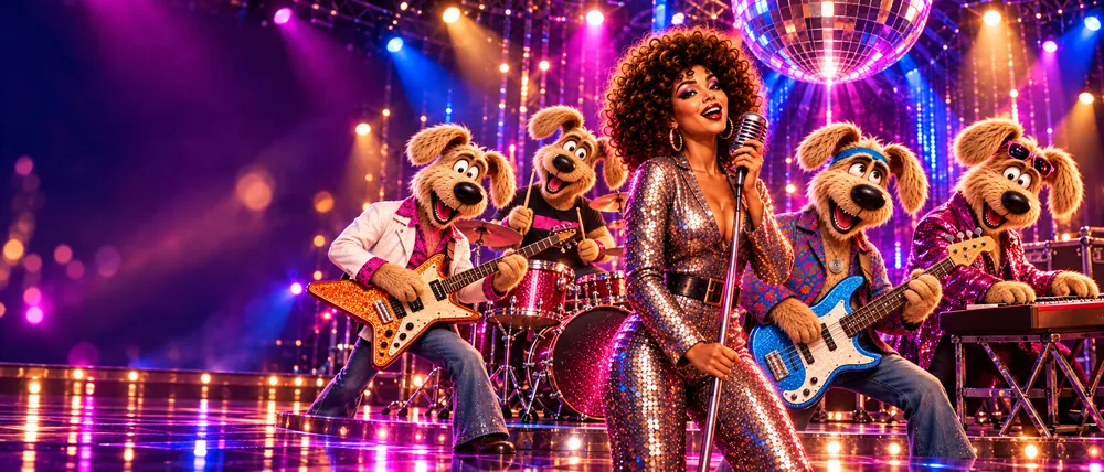 Cleo and the band on a glittering disco stage under a mirror ball
