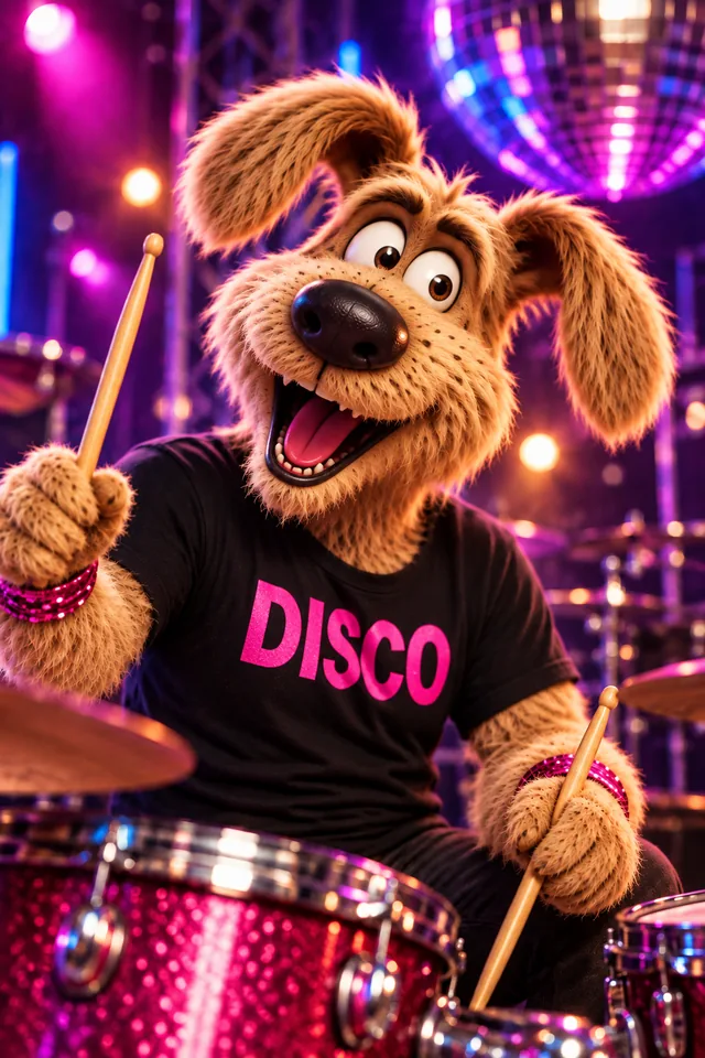 Max, a shaggy tan dog in a DISCO shirt, drumming on a sparkling pink kit
